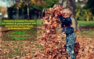 a young boy playing with dried leaves, with the text "Ordinarily Available Provision for children and young people with Special Educational Needs and Disabilities (SEND) A Guide for Early Years Providers in Manchester" superimposed on the foreground | image credit: Scott Webb via Unsplash.com