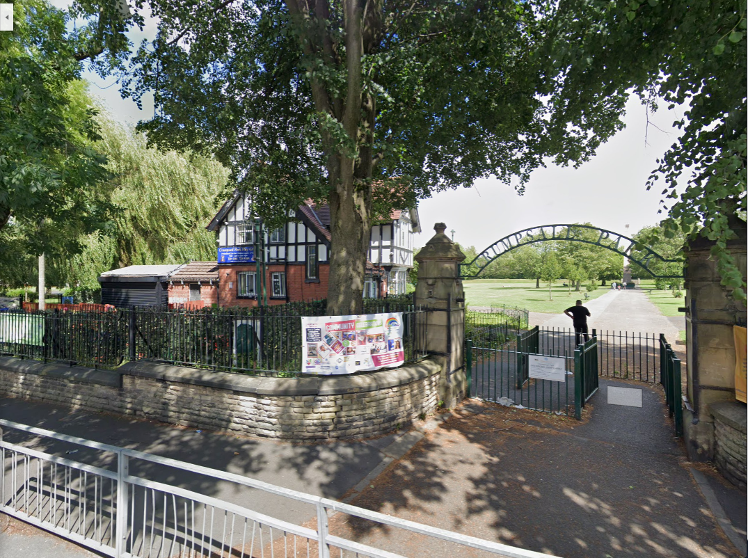 Screenshot of the entrance to Crumpsall Park (near the visitors centre), as taken from Google Street View