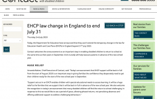 Screenshot of the "EHCP Law Change in England to end July 31" article on Contact's website
