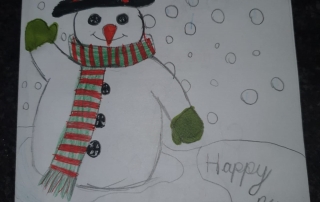 A waving snowman with a snowy background and candy canes in front, plus the words "Merry Christmas" and "Happy new year"
