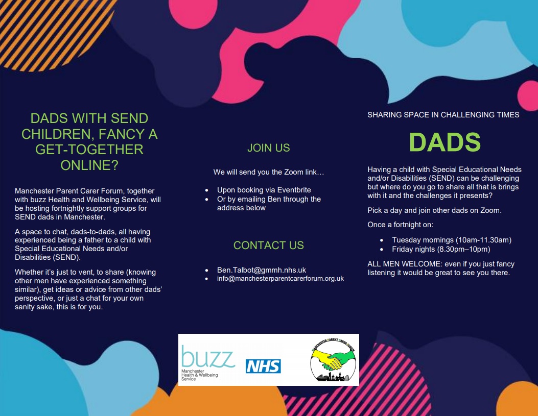 Details of the Dads Support Group with a colourful camouflage-style background and the buzz, NHS and MPCF logos at the bottom