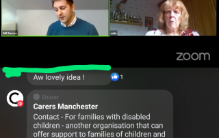 This screenshot of the live Facebook chat with Carers Manchester shows Will (Carers Manchester) and Cath (MPCF) at the top, with the comments section at the bottom mentioning the charity, Contact, and a background story about Cath.