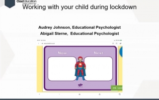 Screenshot of the cover slide for the parent workshop. It shows One Education's logo, the workshop title, the names of the trainers, and a photo of a Now-Next board.