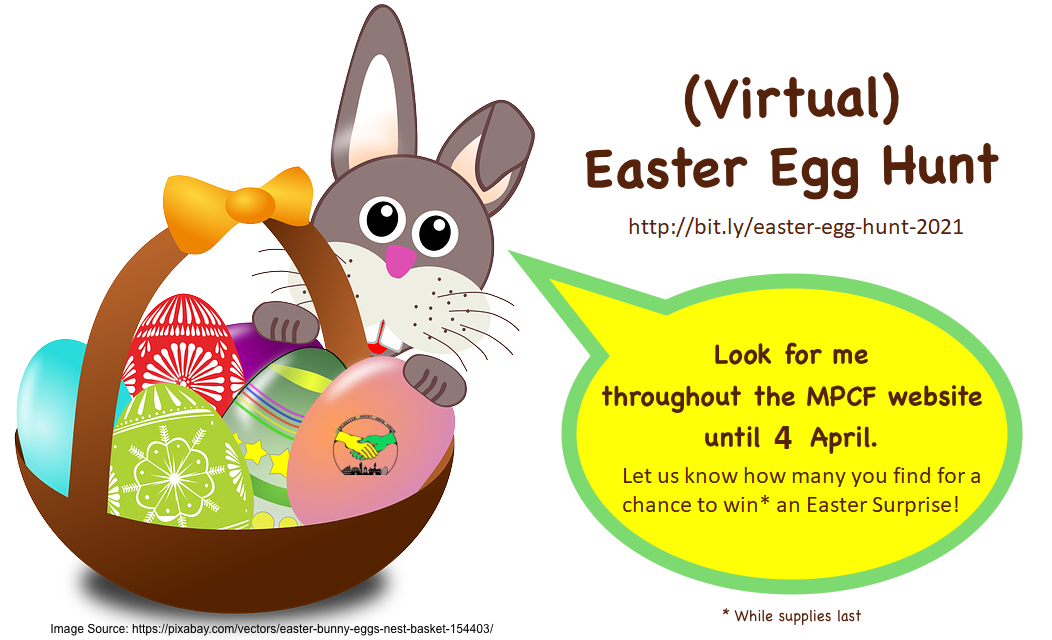 illustration of a basket containing Easter eggs, with a bunny behind it; the bunny talks about MPCF's Easter Egg Hunt | photo credit: OpenClipart-Vectors via Pixabay.com