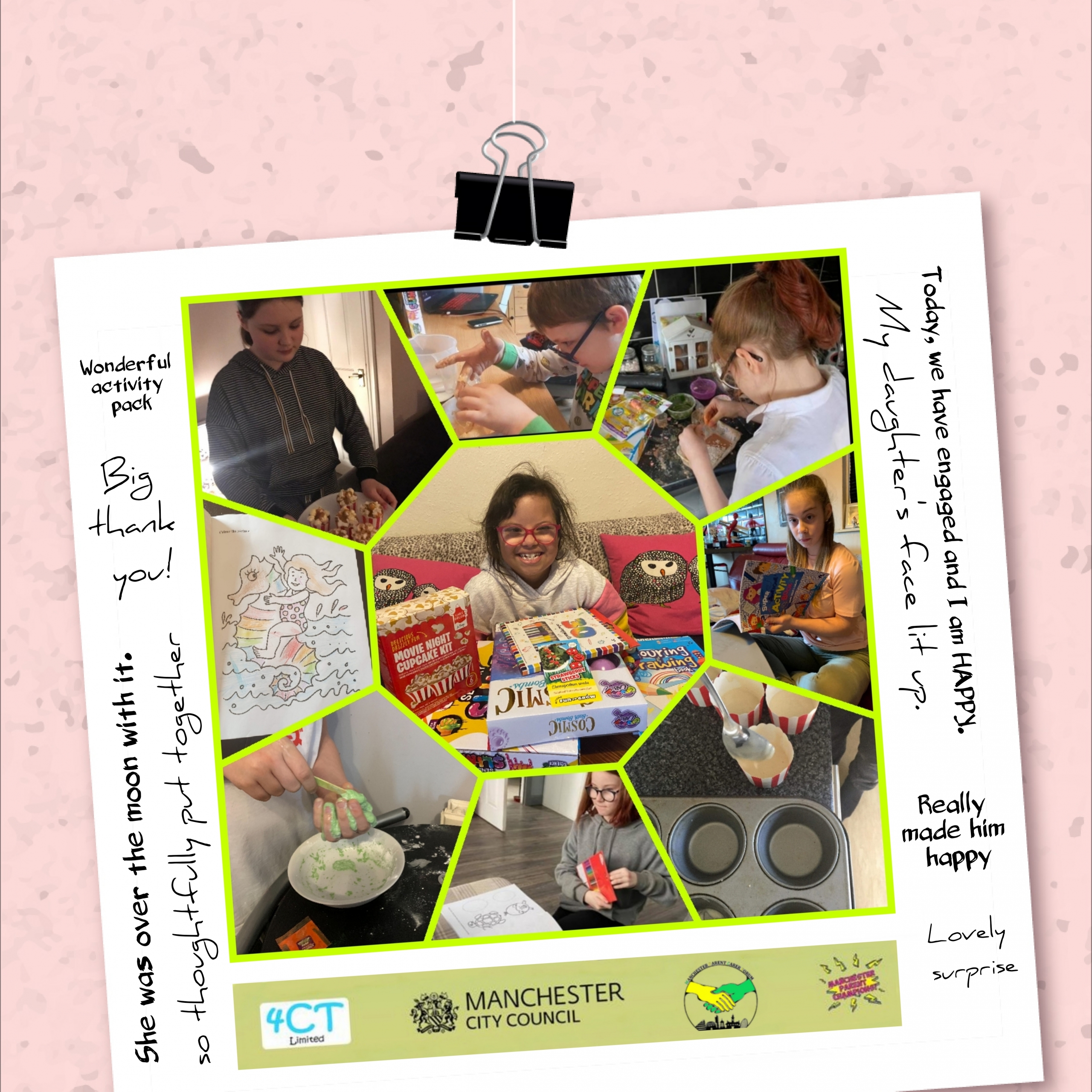 A collage showing some children and young people that are enjoying the winter sensory & activity packs, as well as some feedback from parents and carers. The bottom of the image shows the logos of 4CT Limited, Manchester City Council, Manchester Parent Carer Forum, and Manchester Parent Champions, respectively.