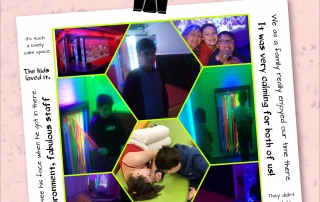 A collage showing some families that were enjoying the free sessions at Redbank House's sensory rooms, as well as some feedback from parents and carers. The bottom of the image shows the logos of Redbank House, Manchester City Council, Manchester Parent Carer Forum, and Manchester Parent Champions, respectively.