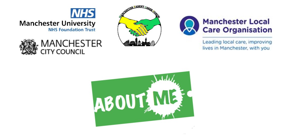 the About Me logo with the logos of Manchester University NHS Foundation Trust, Manchester City Council, Manchester Parent Carer Forum, and Manchester Local Care Organisation above it