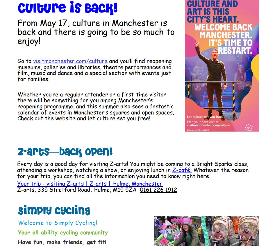 screenshot of page 4 of the 2nd Explore Manchester newsletter, headlined by the "Culture is back" announcement