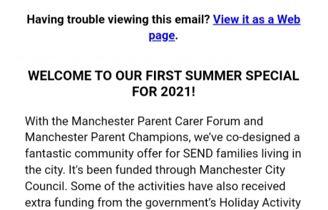 Screenshot of the top section of the SEND Local Offer newsletter's "Summer Special". It shows the usual Local Offer header, a short paragraph describing the newsletter's contents, and the Local Offer team's contact information.