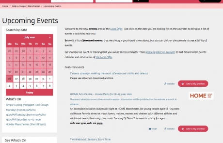 Screenshot of the SEND Local Offer's Whats On page. Results include Home Arts Centre, Twinkleboost and Simply Cycling.
