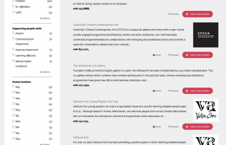 Screenshot of a sample search for 'art' in the SEND Local Offer. Results include Manchester Art Gallery, Centre for Chinese Contemporary Art, The Whitworth Art Gallery, and Venture Arts.