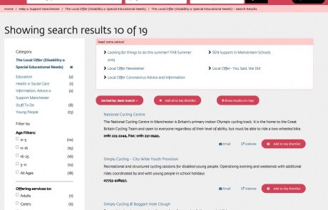 Screenshot of a sample search for 'cycling' in the SEND Local Offer. Results include the National Cycling Centre and Simply Cycling.