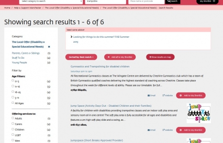 Screenshot of a sample search for 'trampoline' in the SEND Local Offer. Results include The Wingate Centre and Jump Space.