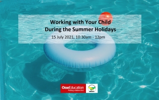 The background shows a swimming pool with a blue donut inflatable and a red ball floating on it. The foreground shows the title and date of this event at the top, and One Education's and MPCF's logos at the bottom. | Photo credit: Joe Calata via Unsplash.com