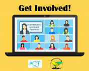 An illustration of a virtual meeting on a laptop, with yellow background; 4CT's and MPCF's logos are also superimposed at the bottom of the image | bg photo credit: Joseph Mucira via Pixabay.com