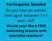 Flyer from the Salford Autism Exercise Project, calling for participants. The background is an illustration of light blue swimming pool water.