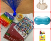 A collage showing some of the contents of the Happy, Active, Healthy SEND Packs this Christmas 2021. The left photo shows, clockwise from the top: blue fiber optic lights, yellow sensory putty, Christmas-themed stickers, a card-making kit, fidget poppers. The photos on the right show wooden baubles, a peanut-shaped gym ball, and colouring pencils.