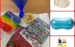 A collage showing some of the contents of the Happy, Active, Healthy SEND Packs this Christmas 2021. The left photo shows, clockwise from the top: blue fiber optic lights, yellow sensory putty, Christmas-themed stickers, a card-making kit, fidget poppers. The photos on the right show wooden baubles, a peanut-shaped gym ball, and colouring pencils.