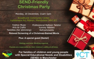 Poster for MPCF's & 4CT's SEND Christmas Party 2021 - Includes a Christmas-themed background showing loads of Christmas gift boxes, plus details of the event and MPCF's & 4CT's Christmas-themed logos on the foreground