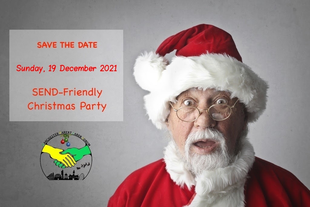 The background shows a surprised/excited-looking Santa on the right side. The foreground on the left shows the party's "Save the Date" message and a Christmas-themed version of MPCF's logo.