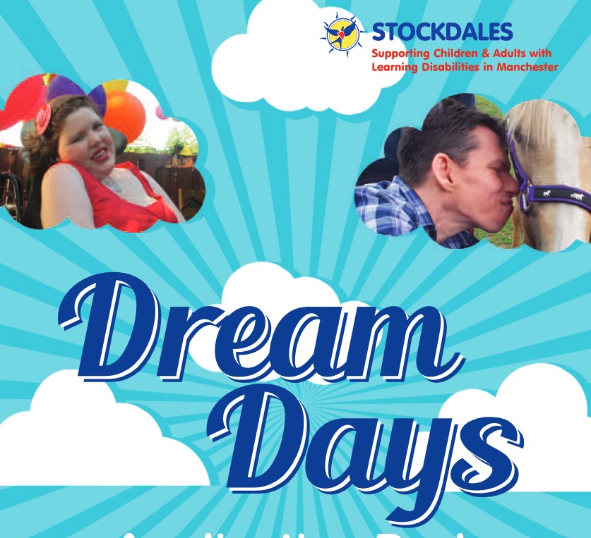 This is a cropped screenshot of the front page of Stockdales' Dream Days application pack. It shows Stockdales' logo at the top, photos of disabled people who have benefited from the project, the words "Dream Days", and a 'dreamy' graphic showing clouds on a light blue background.