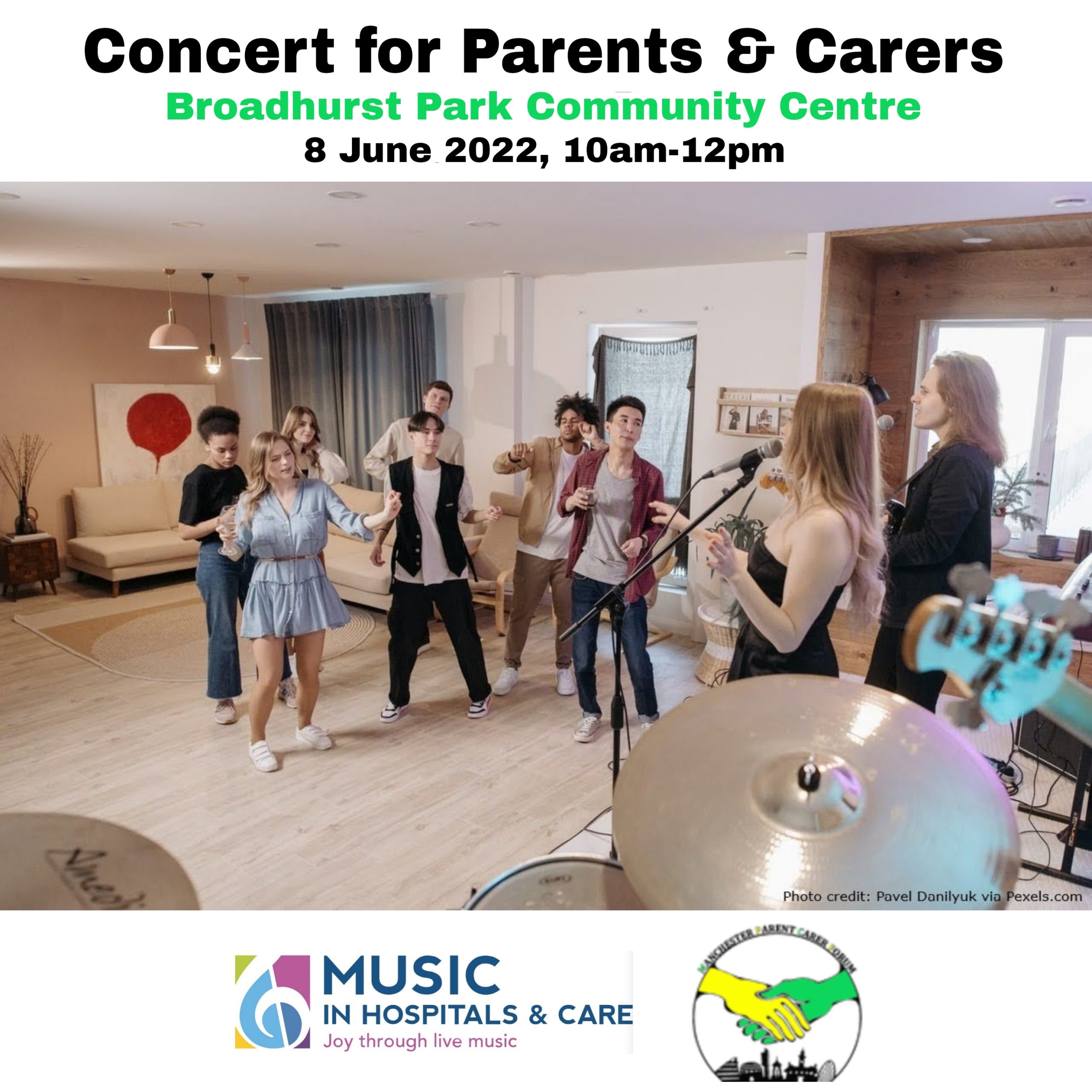 The main photo shows a group of people enjoying a relaxed concert indoors. The top text says "Concert for Parents & Carers", followed by the event details (venue, date, time). The bottom shows MiHC's and MPCF's logos, respectively.