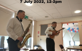 The main photo shows The Cheeky Charlies performing a relaxed concert indoors. The top text says "Concert for Parents & Carers", followed by the event details (venue, date, time). The bottom shows MPCF's, MiHC's and Thrive Manchester's logos, respectively.
