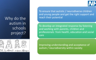 Screenshot of the third slide of the Greater Manchester Autism in Schools (AiS) project presentation, showing a summary of how the project is implemented in Greater Manchester