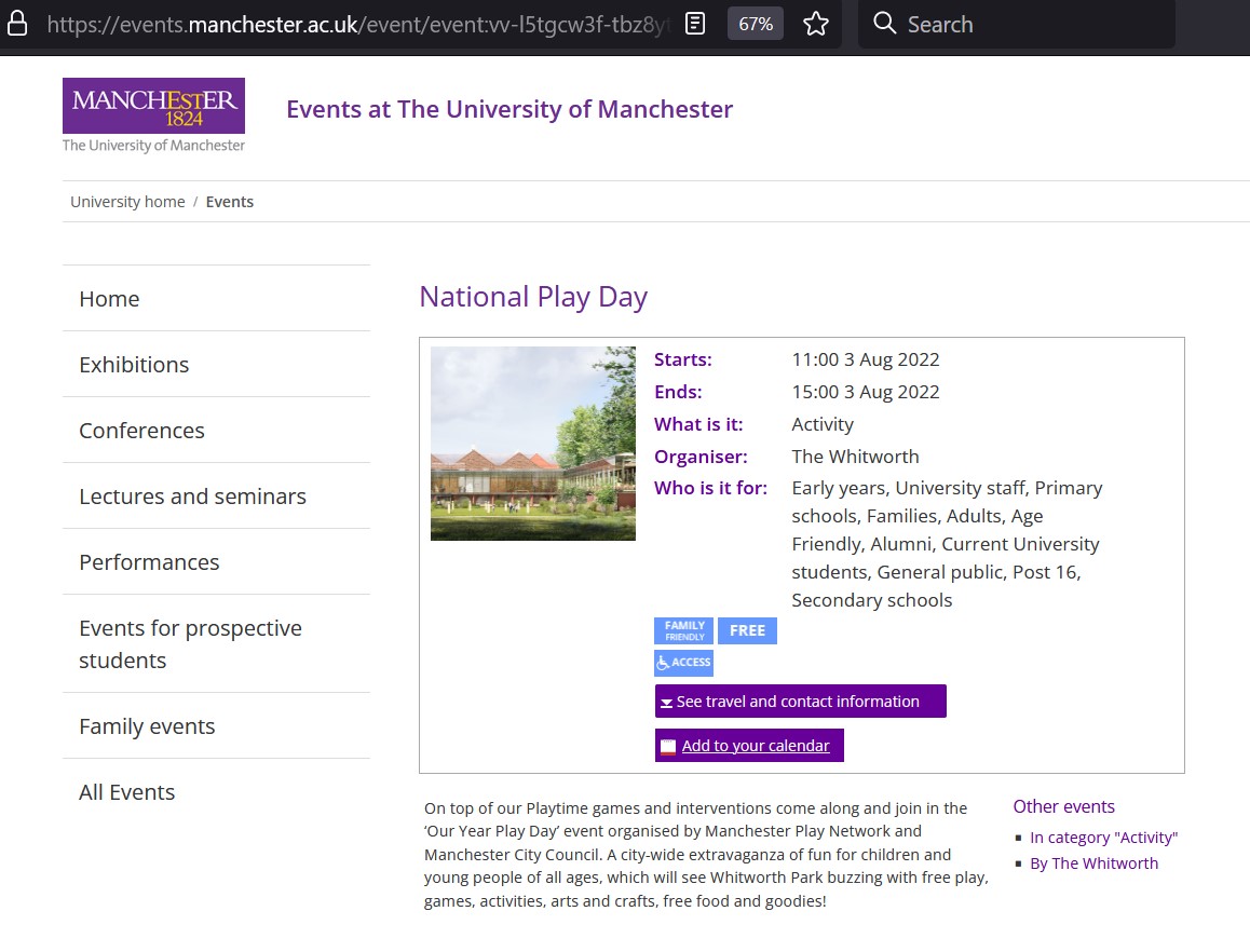 Screenshot of the Playday Festival event page on University of Manchester's website, showing event details and a small photo of Whitworth Park