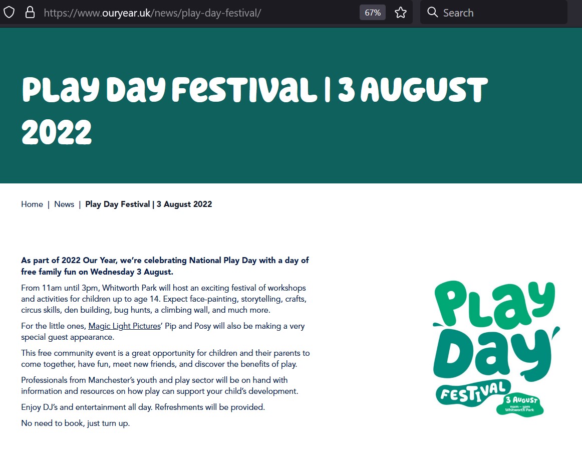 Screenshot of the Playday Festival event page on Our Year 2022's website, showing event details and the Play Day Festival logo