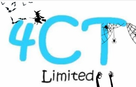 4CT Limited's logo with spooky graphics (bats, witch, spiders, zombie hands) overlayed