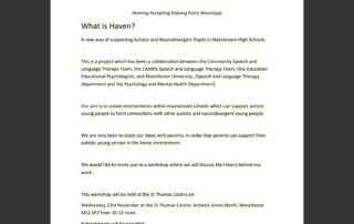 A screenshot of the flyer for the HAVEN parent workshop. HAVEN stands for "Hearing Accepting Valuing Every Neurotype" and is part of the Autism in Schools project in Manchester.