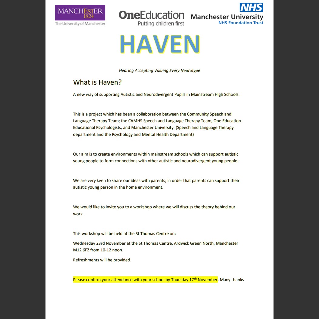 A screenshot of the flyer for the HAVEN parent workshop. HAVEN stands for "Hearing Accepting Valuing Every Neurotype" and is part of the Autism in Schools project in Manchester.