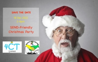 The background shows a surprised/excited-looking Santa on the right side. The foreground on the left shows the party's "Save the Date" message and a Christmas-themed version of MPCF's and 4CT's logos.