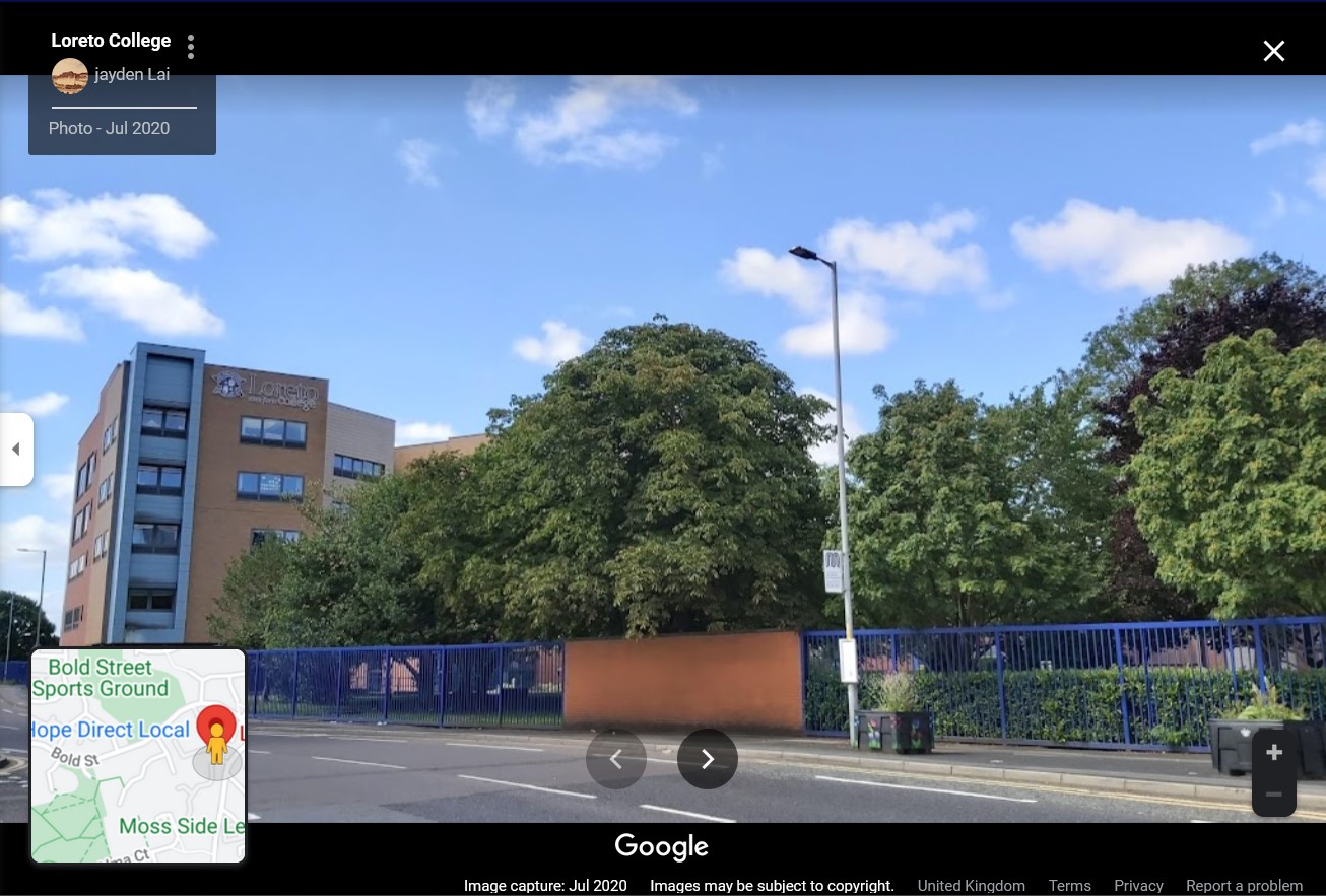 This is a screenshot of a Google Maps photo showing Loreto College, as viewed from Chichester Road in Hulme, Manchester.