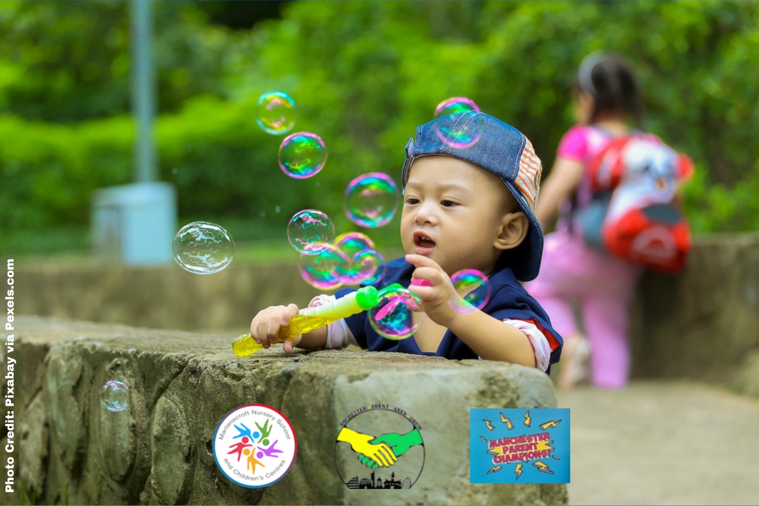 The poster shows a child playing with bubbles on the foreground, with another child exploring her surroundings in the background. The top of the image says, "Early Years Family Fun Day" and shows the event details (23 Feb 2023, 10-11:30am; Martenscroft Children's Centre), while the bottom shows the Martenscroft, MPCF, and Parent Champions logos, respectively.