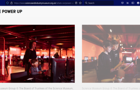 Photos of people enjoying SIM's Power UP exhibition, as screenshotted from the Science and Industry Museum's website