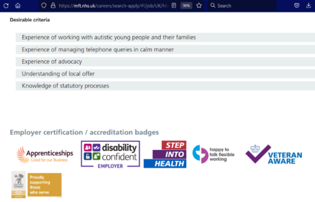 The photo shows a screenshot of the job post for the Autism Navigator role on the MFT Job Vacancies website. It shows the desirable criteria for the role, as well as MFT's employer certification and accreditation badges.