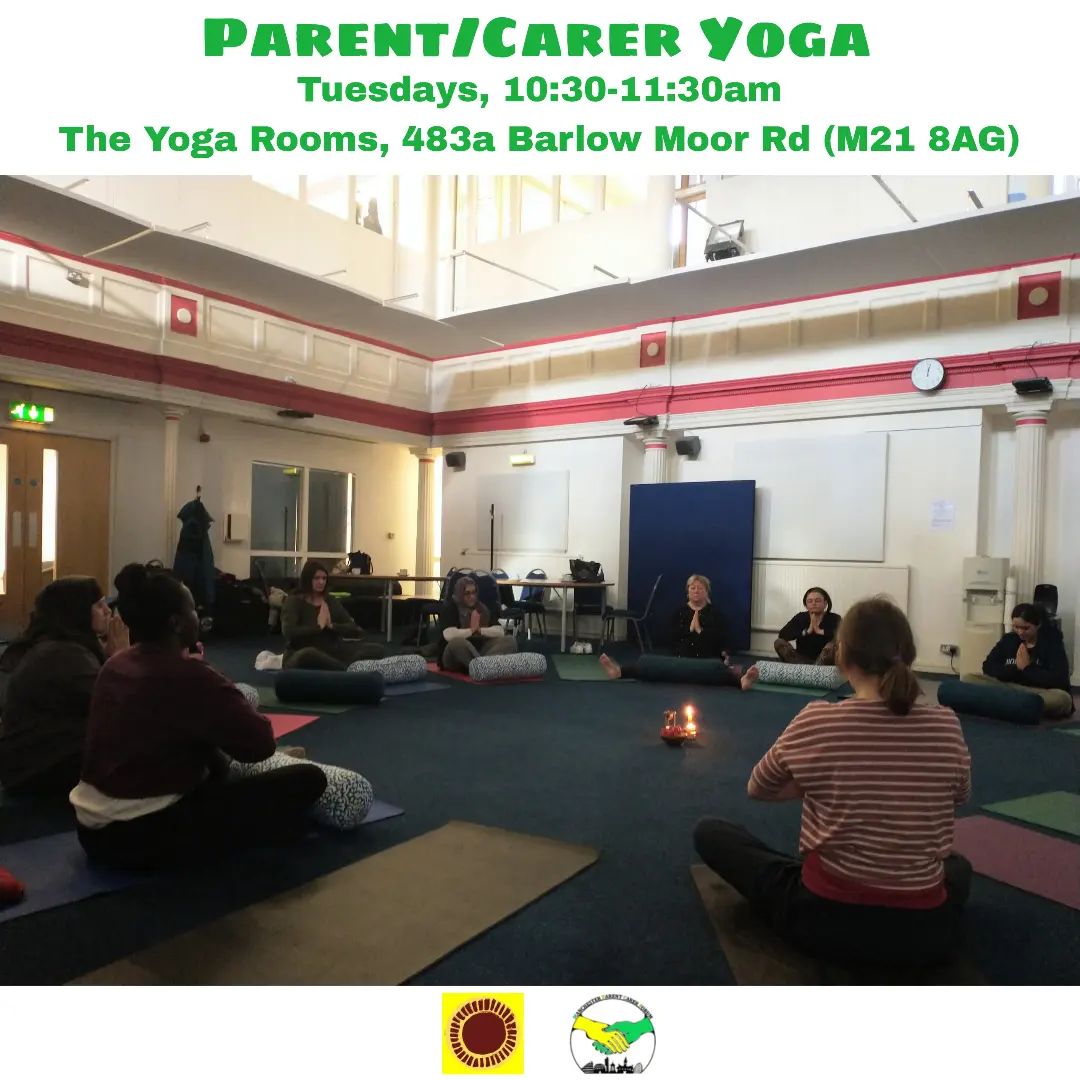 The photo shows some Manchester parents and carers enjoying a yoga session being delivered by Tammy from Yoga for All Manchester.