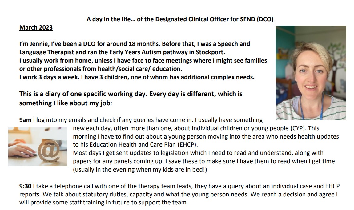 The photo contains a screenshot of Jennie Corkwood's "A day in the life" blog of what a typical day looks like for Manchester's Designated Clinical Officer (DCO).