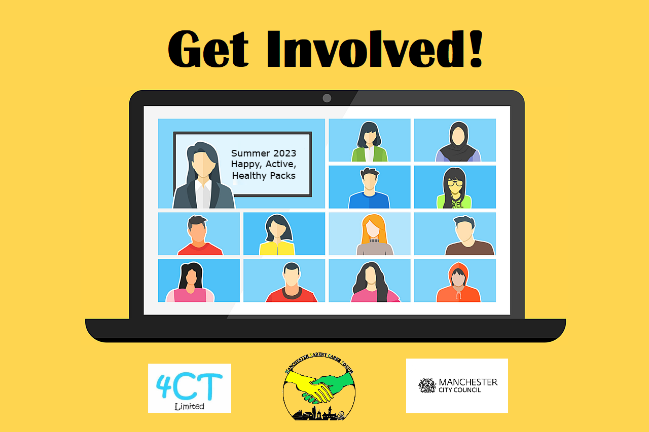 An illustration of a virtual meeting on a laptop, with yellow background; the 4CT, MPCF, and Manchester City Council logos are superimposed at the bottom of the image. The top of the image says "Get Involved!"