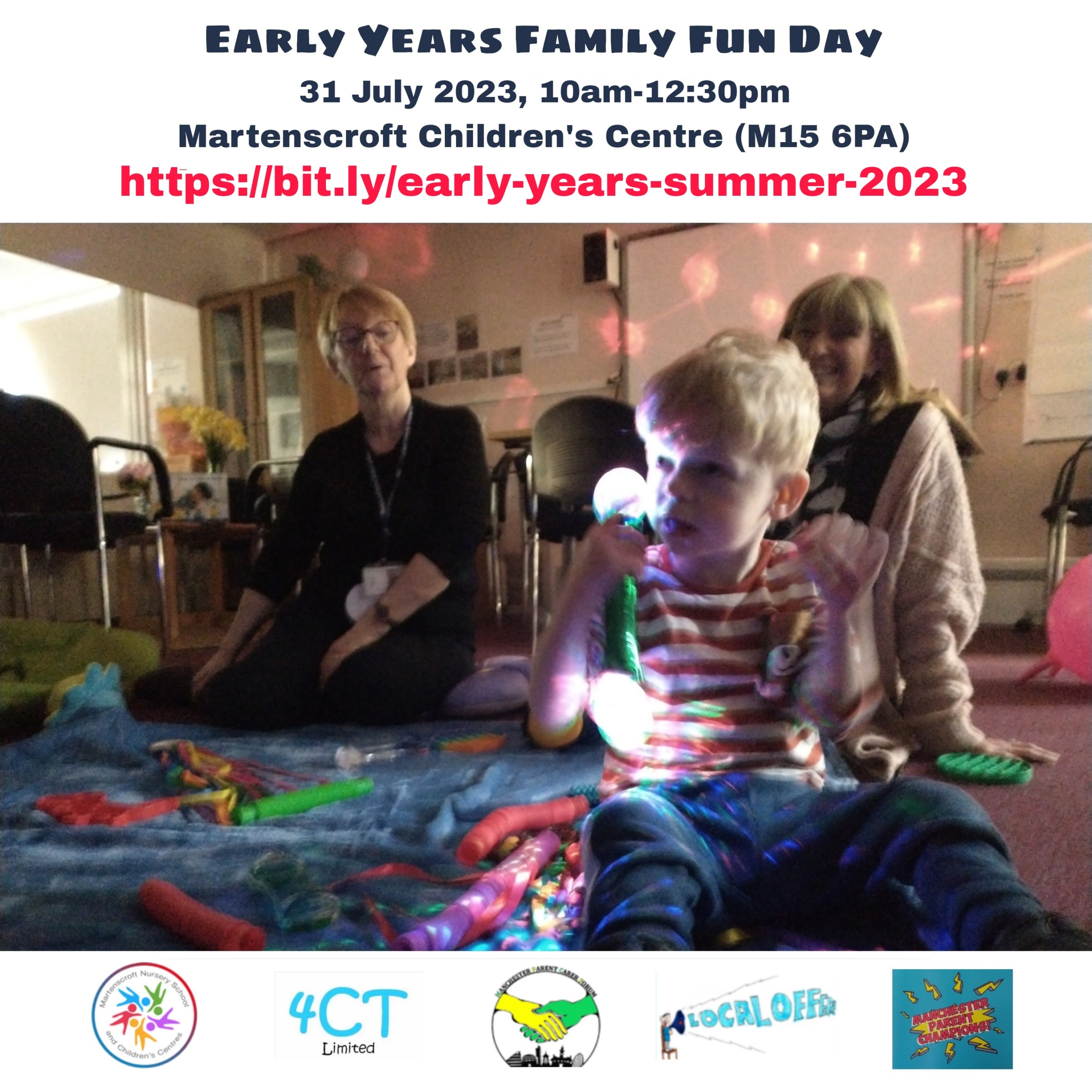 The main photo shows a child enjoying some time in a pop-up sensory room, while being watched by two adults. Above it are the details for MPCF's Early Years Family Fun Day, while below it are the logos of Martenscroft, 4CT, MPCF, Local Offer, and the Parent Champions, respectively.