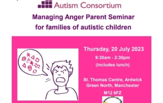 This cropped flyer for GMAC's "Managing Anger" parent seminar shows the logos of "Autism seminars for families", Greater Manchester Autism Consortium, Manchester Parent Carer Forum, and the National Autistic Society at the top, followed by some event details (date, time, venue).