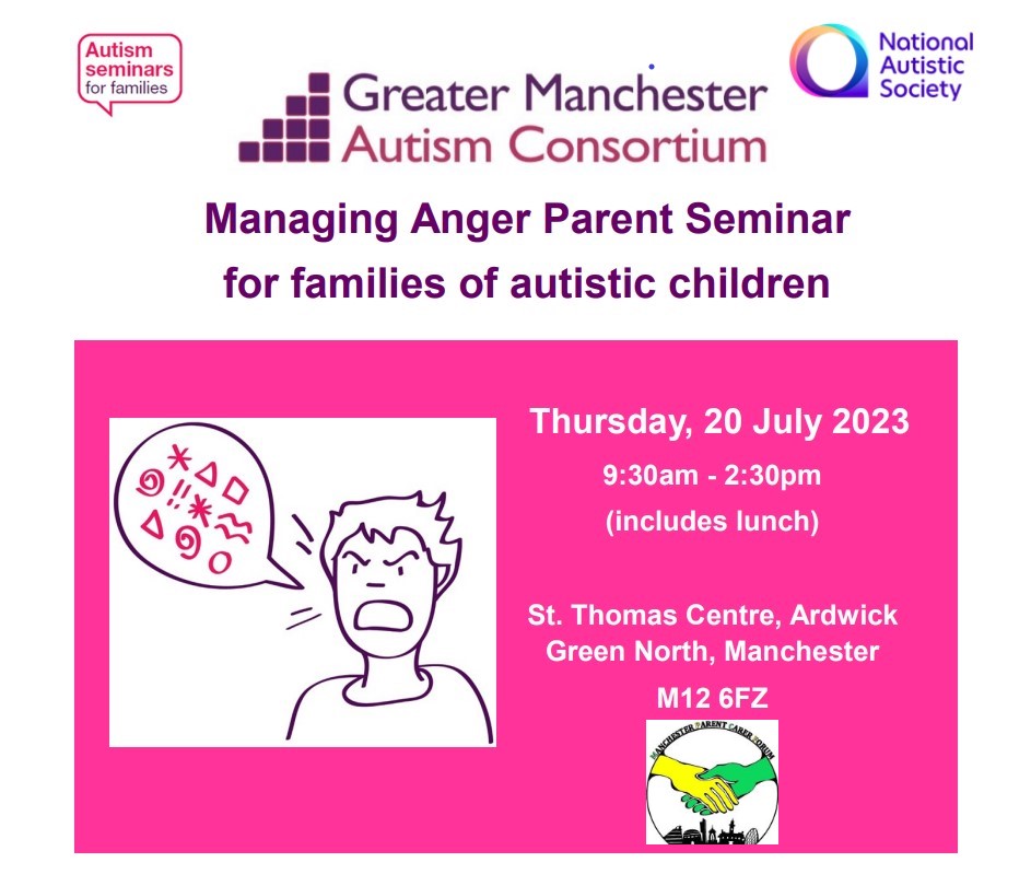 This cropped flyer for GMAC's "Managing Anger" parent seminar shows the logos of "Autism seminars for families", Greater Manchester Autism Consortium, Manchester Parent Carer Forum, and the National Autistic Society at the top, followed by some event details (date, time, venue).