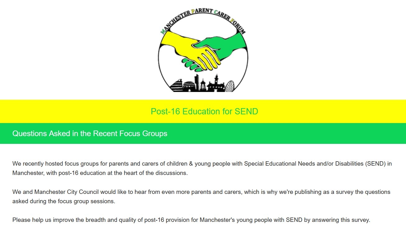 The photo shows a screenshot of the "intro message" for the survey about post-16 education.