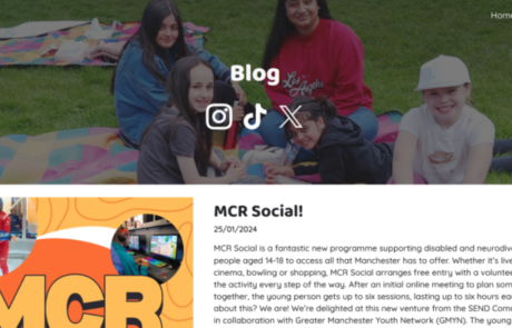 This is a screenshot of the Local Offer for Young People website's Blog page. It partly shows the latest blog article, entitled "MCR Social!"