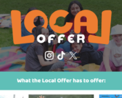This screenshot of the Local Offer for Young People website's homepage shows the Manchester Local Offer logo and social media icons for Instagram, TikTok and X over a background of young people having a picnic on the grass. Below it is a text that says, "What the Local Offer has to offer"