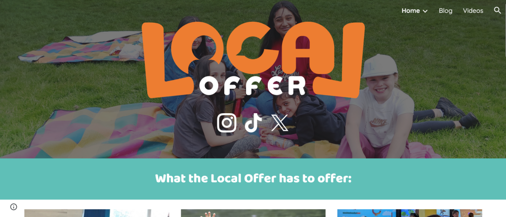This screenshot of the Local Offer for Young People website's homepage shows the Manchester Local Offer logo and social media icons for Instagram, TikTok and X over a background of young people having a picnic on the grass. Below it is a text that says, "What the Local Offer has to offer"