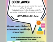 This is a poster for the "No Labels Here" book launch by Eve Bent, which will be held at Boomerang Sensory Play Centre on the 8th of June.