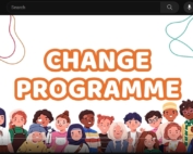 This screenshot of Manchester's Change Programme video shows the words "CHANGE PROGRAMME" in big, bold orange-and-white text, with an illustration of a diverse group of people under it.